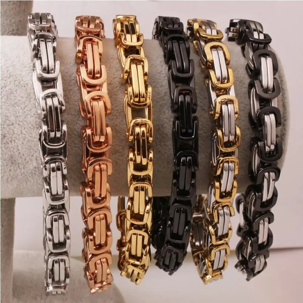 STAINLESS STEEL BYZANTINE MECHANIC SILVER GOLD BIKER BRACELET